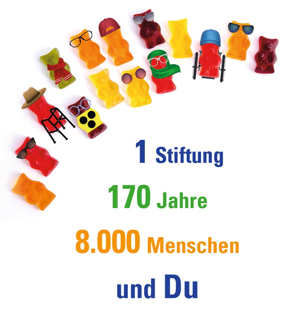 Eine Grafik, die viele bunte Gummibärchen zeigt. Diese tragen unterschiedliche Hilfsmittel wie Brillen, Gehhilfen oder Rollstühle.