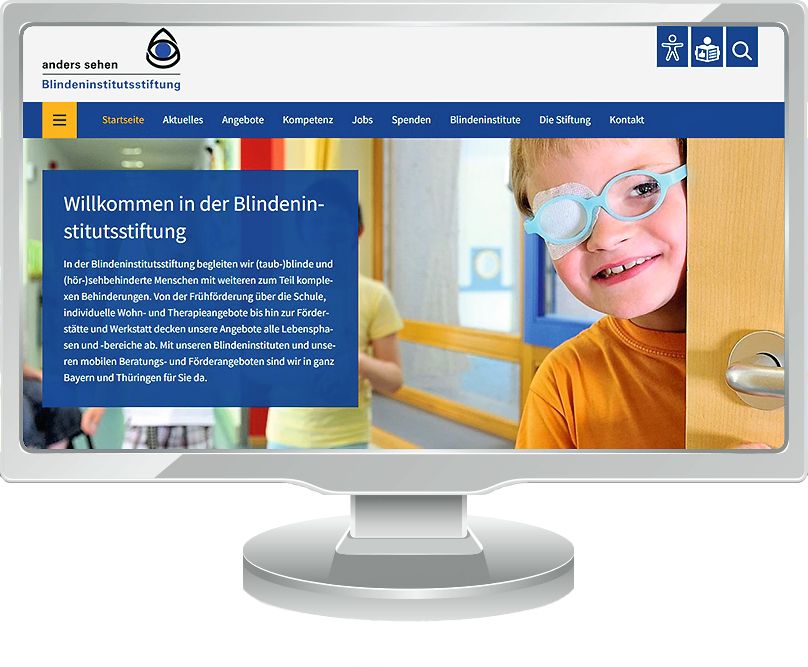 Ein Computer-Bildschirm, der die Startseite der Website der Blindeninstitutsstiftung zeigt. 