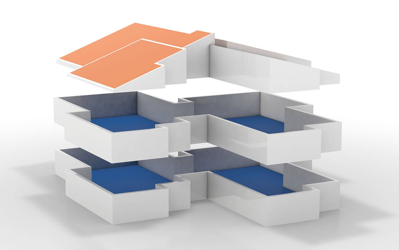 3D-Modell eines mehrstöckigen Gebäudes in Explosionsdarstellung: Die Etagen sind einzeln nach oben versetzt dargestellt.