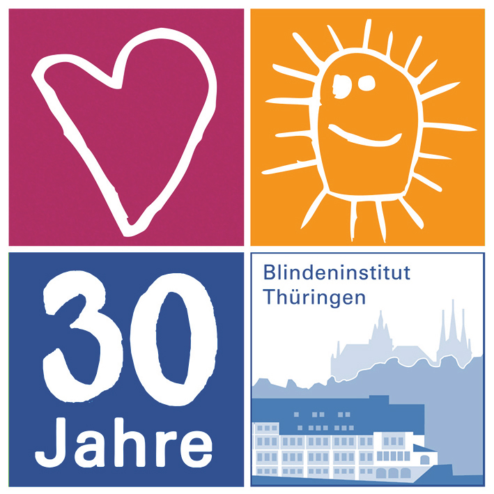 Das Jubiläumslogo des Blindeninstitut Thüringen. Oben links ein weißes Herz auf pinkem Hintergrund, daneben eine lachende Sonne auf gelbem Hintergrund. Unten links "30 Jahre" auf blauem Hintergrund, unten rechts das Logo des Blindeninstituts.